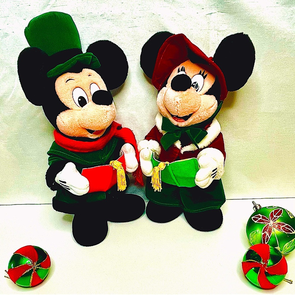 Disney Minnie and Mickey Mouse Standing Plush Carolers 17" Like New! Vintage
